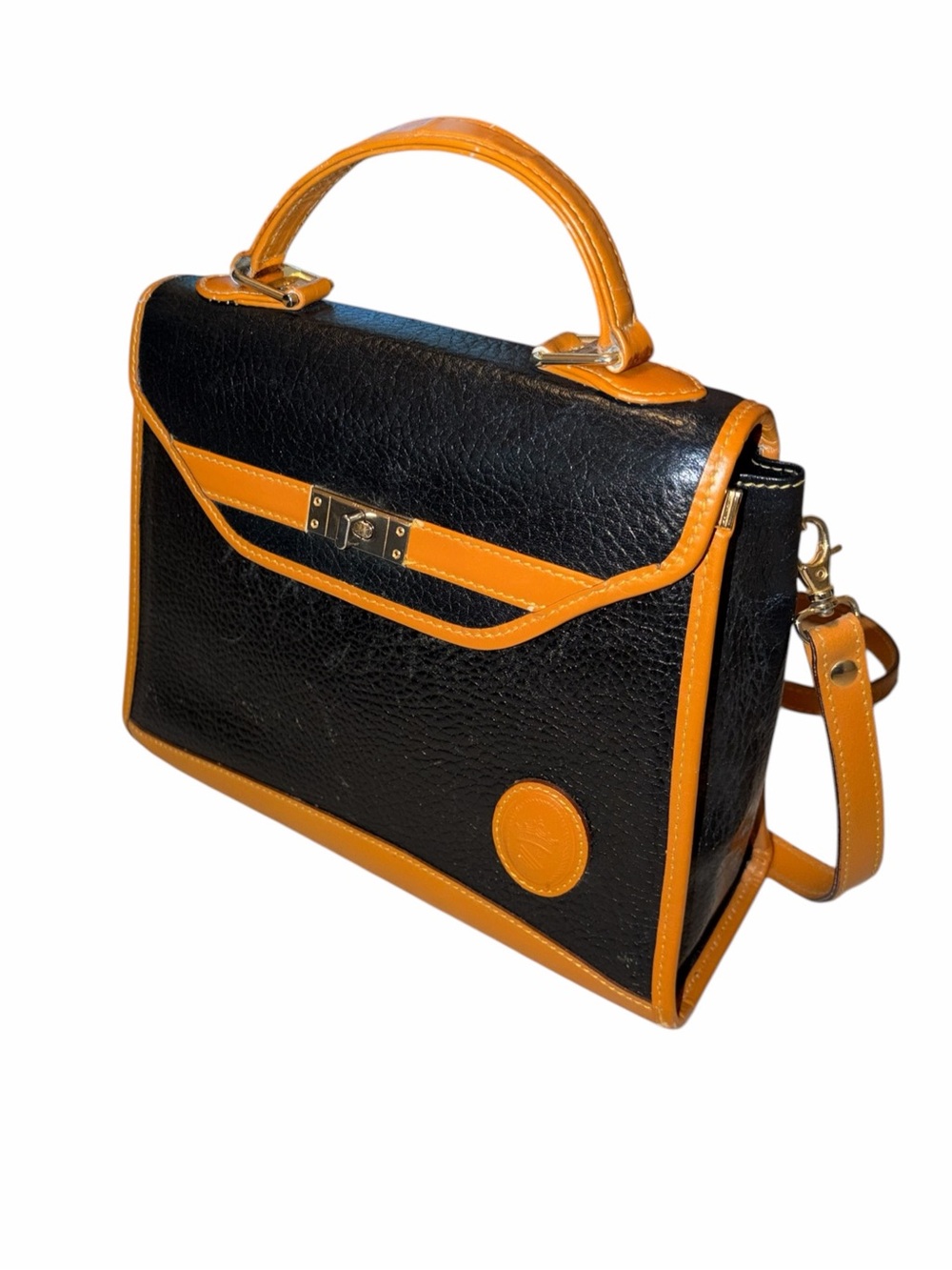 Vintage La Gavroche Black Cognac Leather Top Handle Crossbody Bag Designer Paris